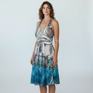 Cristinalove Blue White Gold Halter graphic paisley tie dye Mini Dress size L